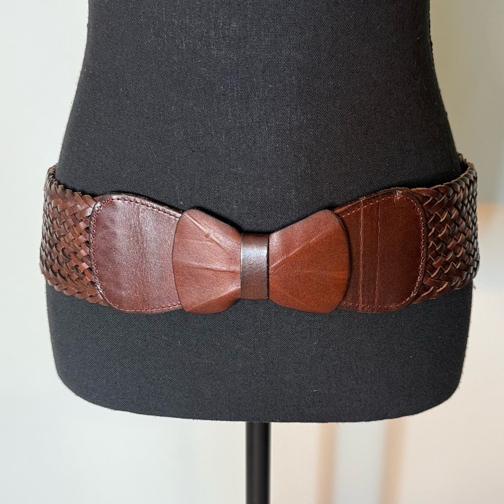 YIK FUNG Brown Leather Bow Front Elastic Snap Belt Wide Braided Vintage Y2K - Picture 5 of 11